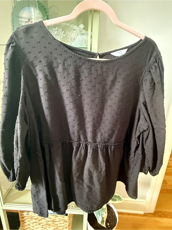 Time and Tru Tops - Time and Tru Black Swiss-Dot Peplum Blouse with Balloon Sleeves